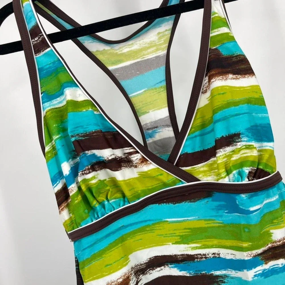 Y2K Striped Halter‎ Tankini Swim Top Brown Green Boho Beachy Tropical Small